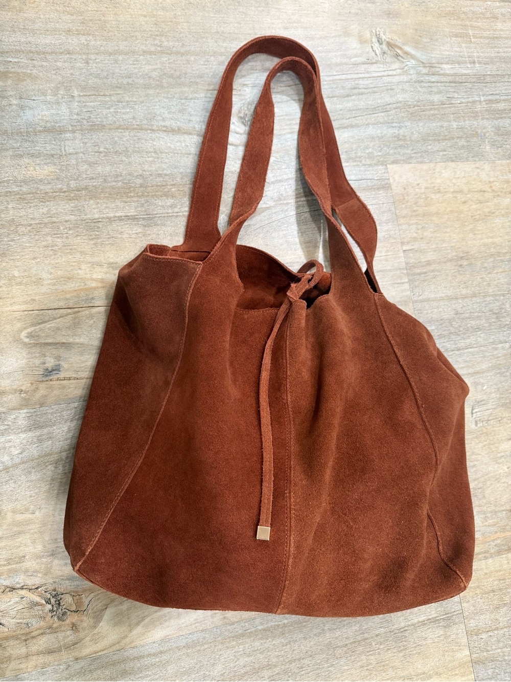 Mango Suede Leather Drawstring Tote Bag in Rust